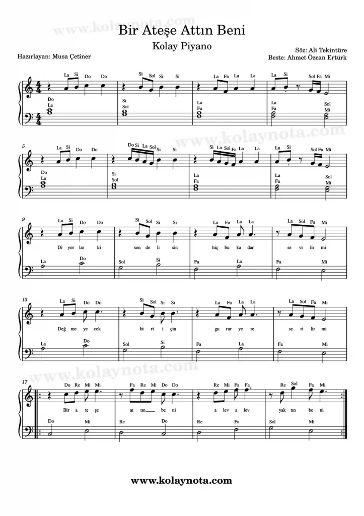 Bir Ateşe Attın Beni - Piyano Notası