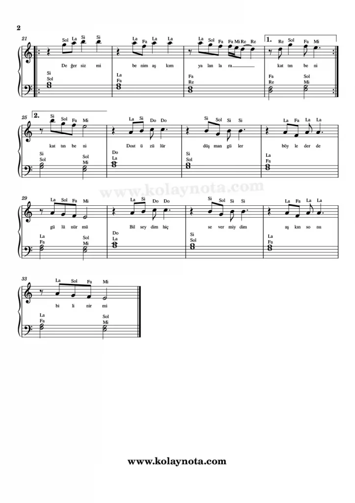 Bir Ateşe Attın Beni - Piyano Notası - 2
