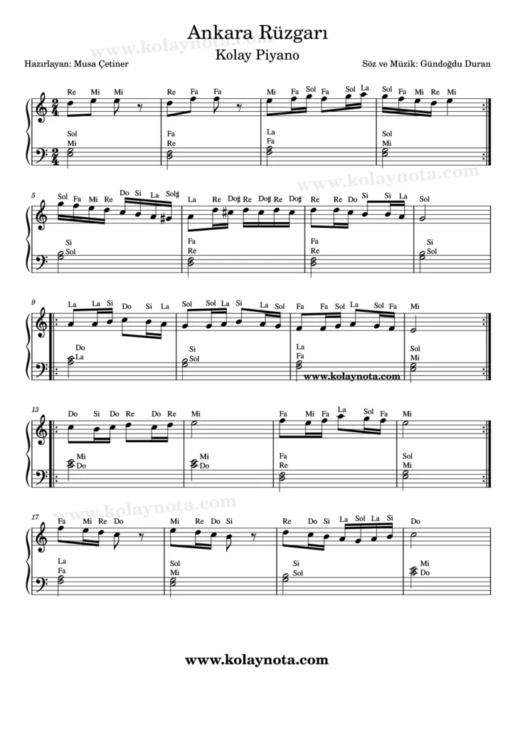Ankara Rüzgarı - Piyano Nota