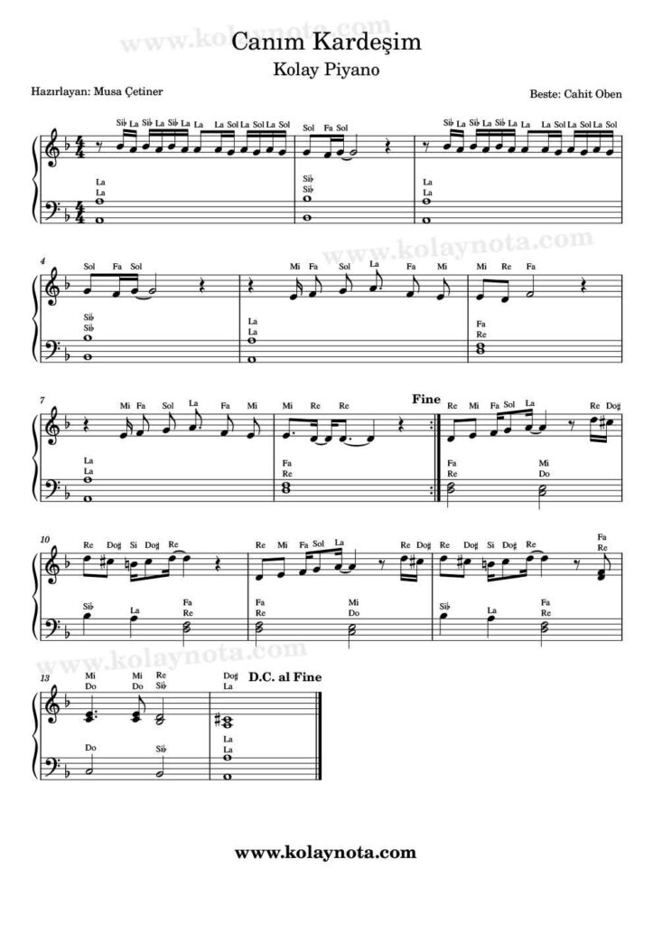 Canım Kardeşim Piyano Notası