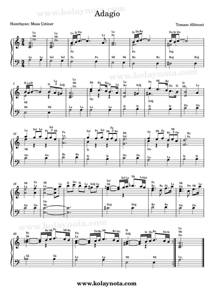 Albinoni - Adagio Piyano Nota