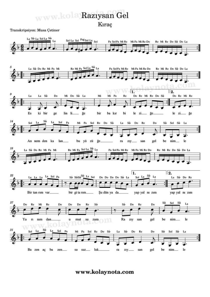 Razıysan Gel - Nota