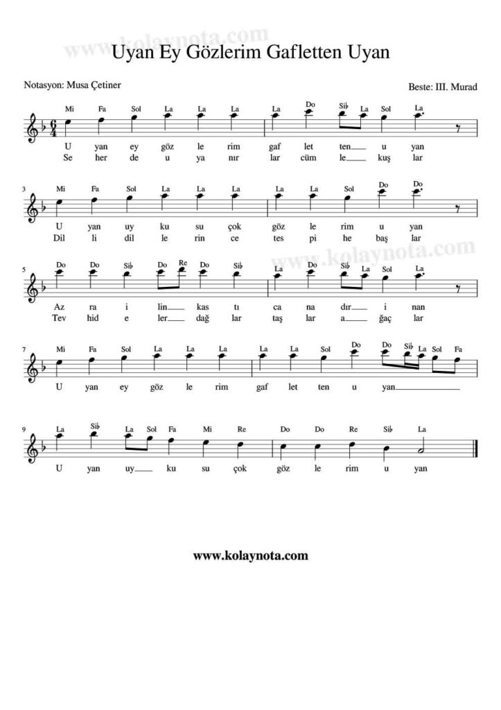 Uyan Ey Gözlerim Gafletten Uyan - Nota