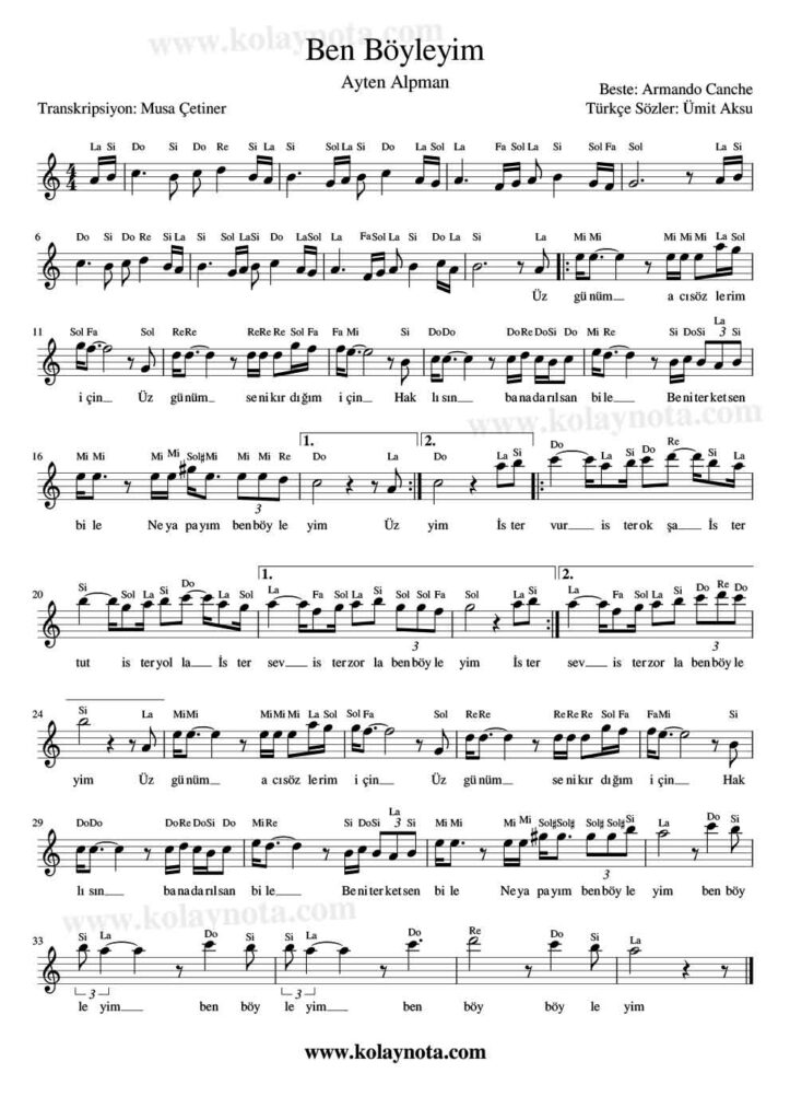 Ben Böyleyim Nota