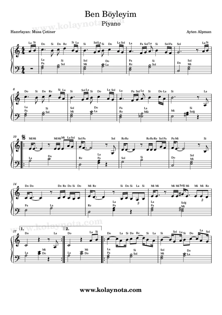 Ben Böyleyim - Piyano Notası
