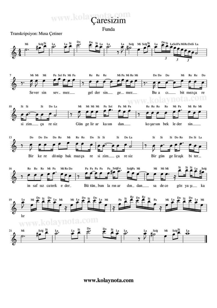 Çaresizim - Nota