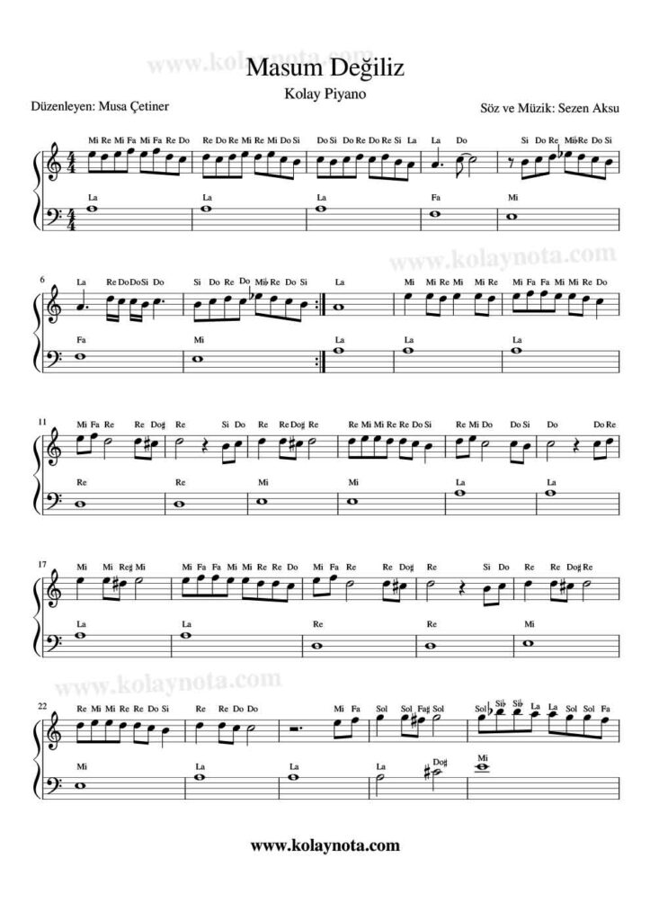 Masum Değiliz - Piyano Nota