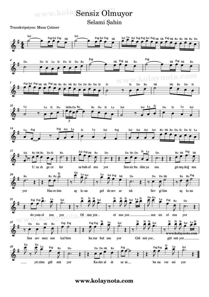 Sensiz Olmuyor - Nota