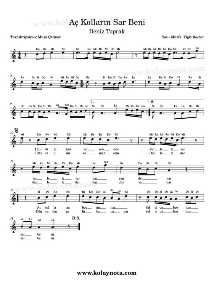 Aç Kolların Sar Beni - Nota