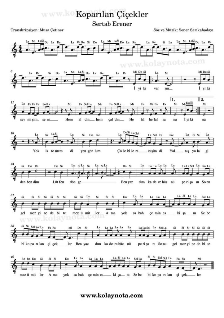 Koparılan Çiçekler - Nota