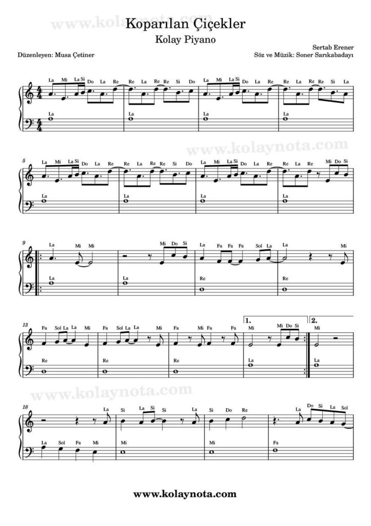 Koparılan Çiçekler - Piyano Nota