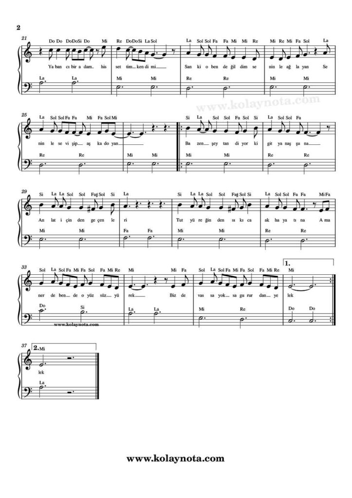 Yüzsüz Yürek - Piyano Notası - 2