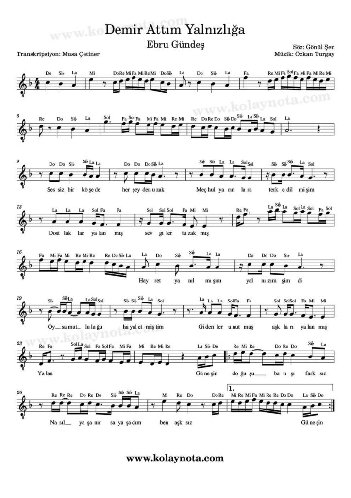 Demir Attım Yalnızlığa - Nota