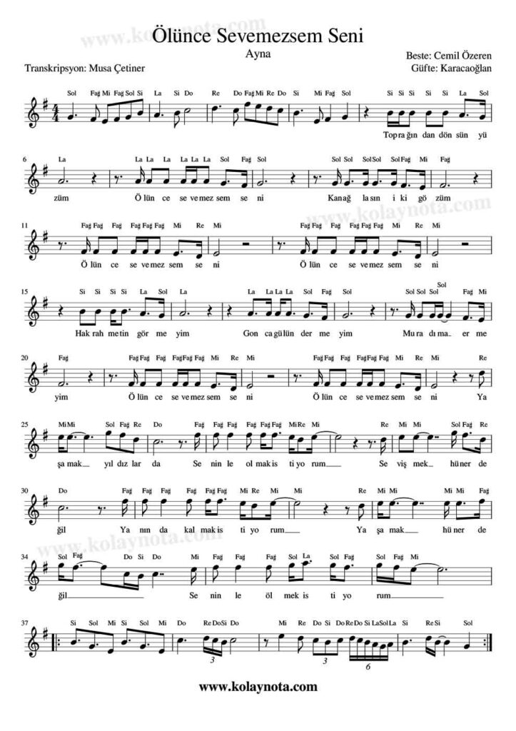 Ölünce Sevemezsem Seni - Nota