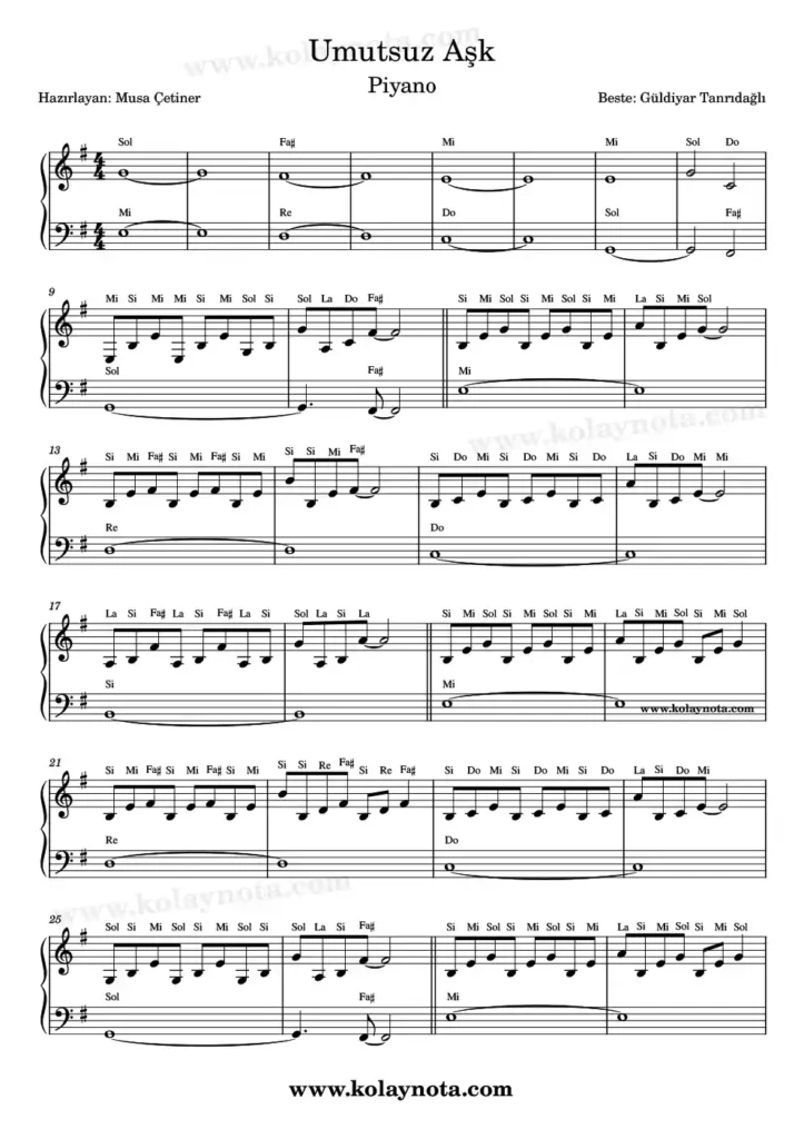 Umutsuz Aşk - Piyano Nota