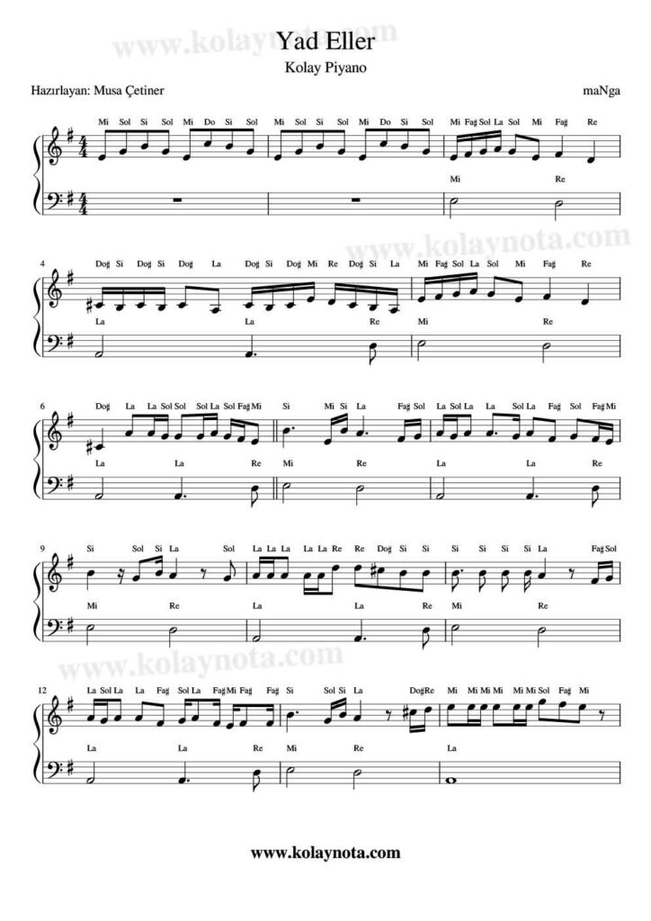 Yad Eller - Piyano Nota