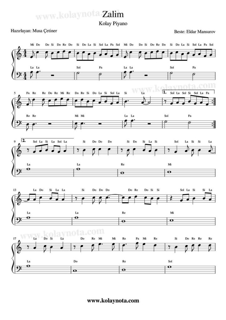 Zalim - Piyano Notası