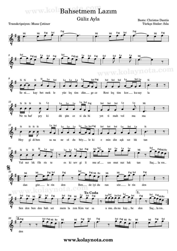 Bahsetmem Lazım - Nota