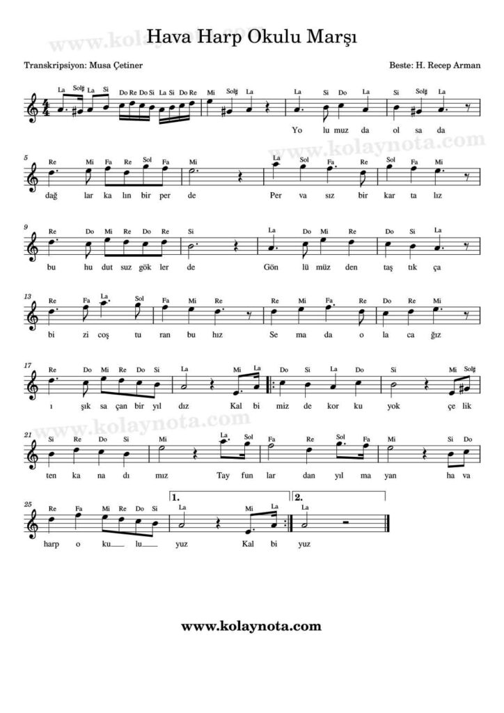 Hava Harp Okulu Marşı - Nota