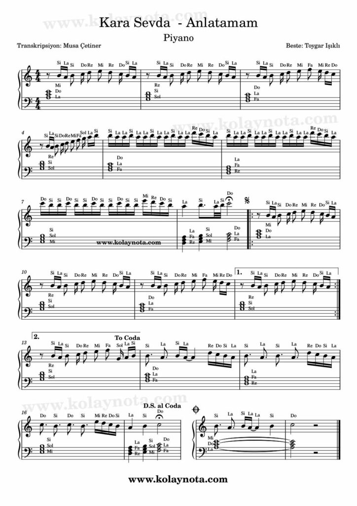 Anlatamam - Piyano Nota