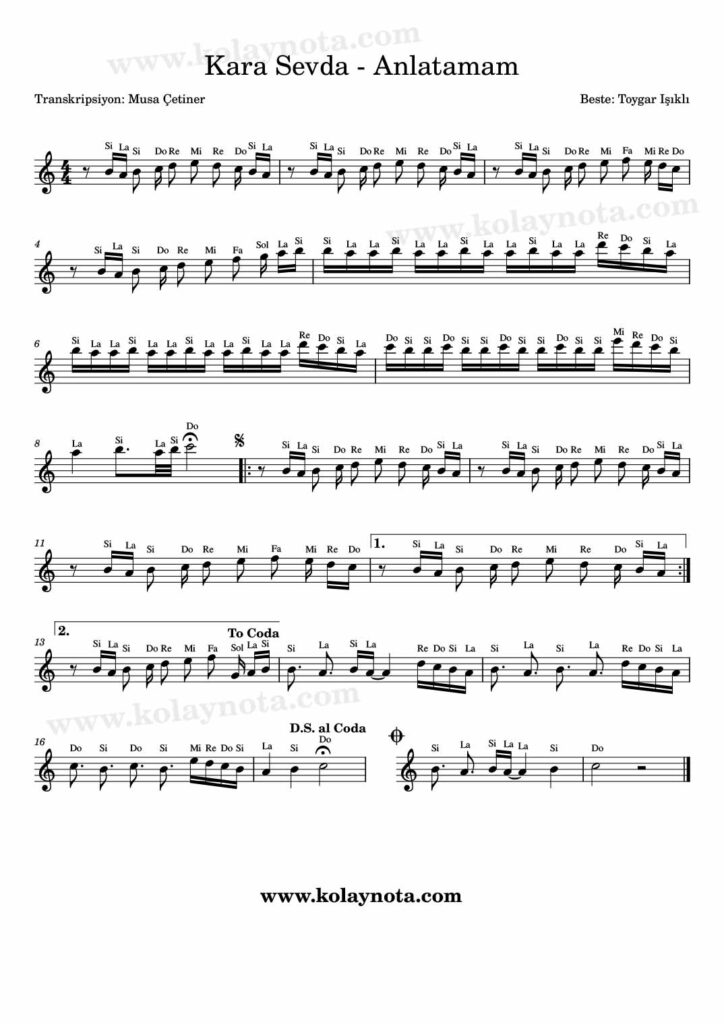 Kara Sevda - Anlatamam - Nota