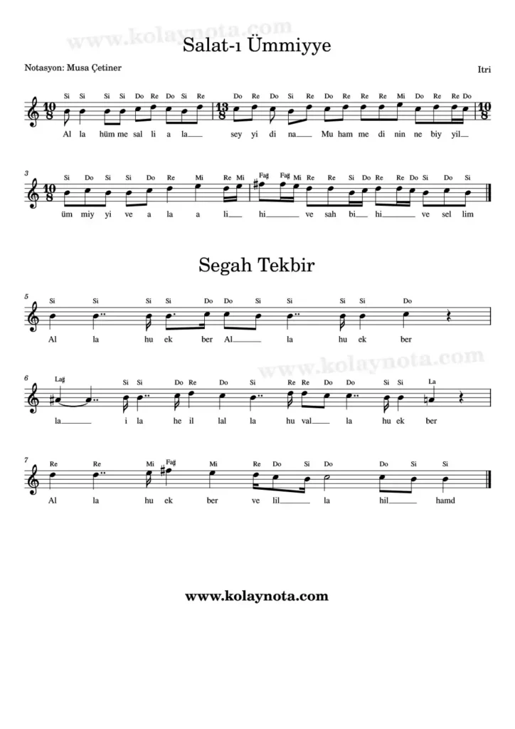Segah Tekbir, Salat-ı Ümmiyye - Nota