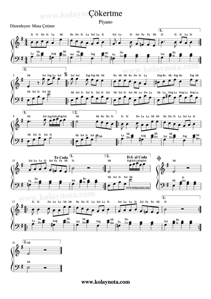 Çökertme - Piyano Nota