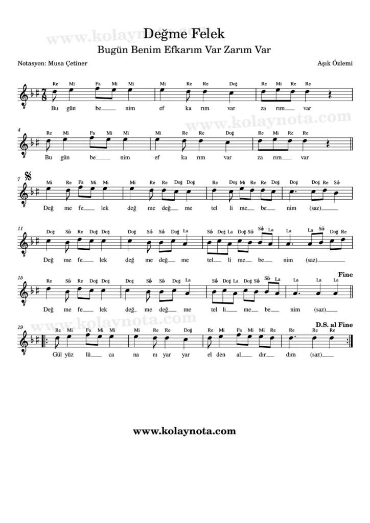 Değme Felek - Nota