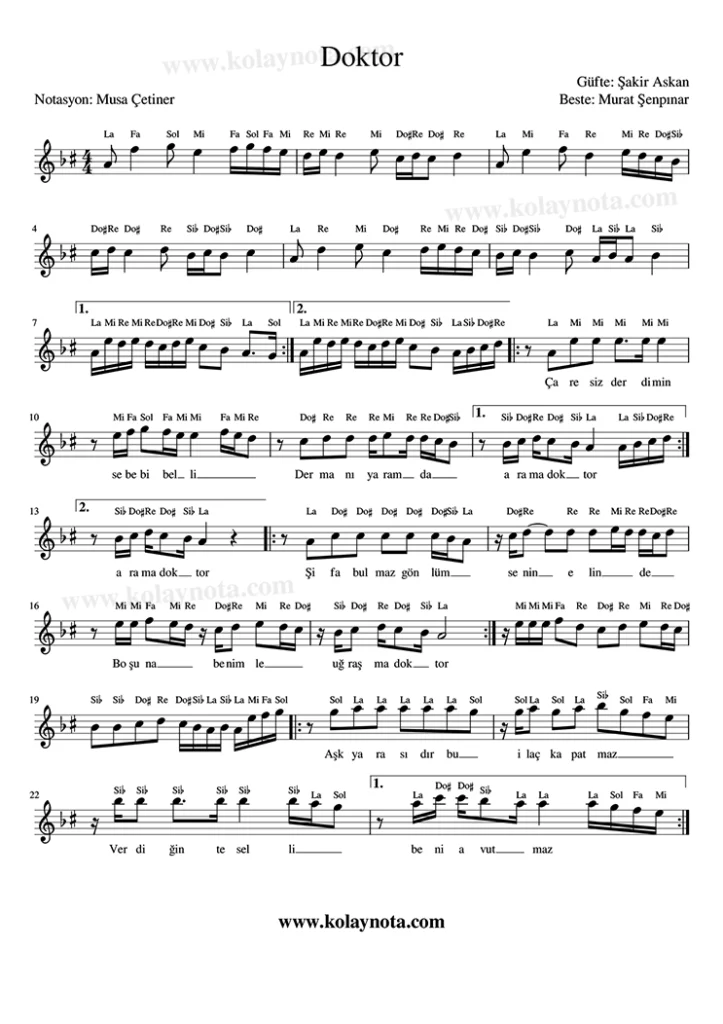 Doktor - Çaresiz Derdimin Sebebi Belli - Nota