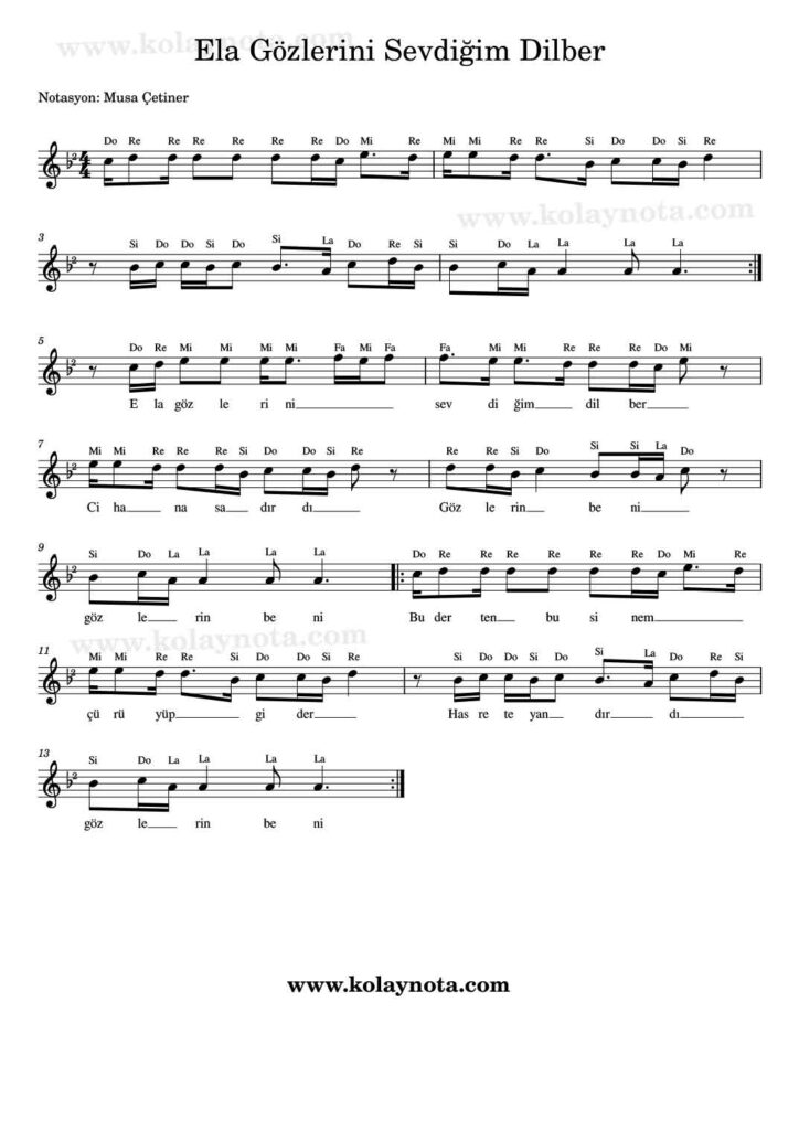 Ela Gözlerini Sevdiğim Dilber - Nota