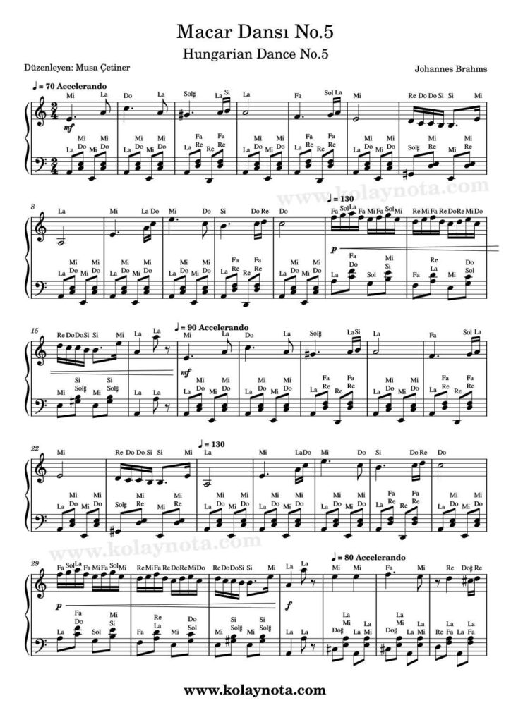Macar Dansı No.5 - Piyano Nota