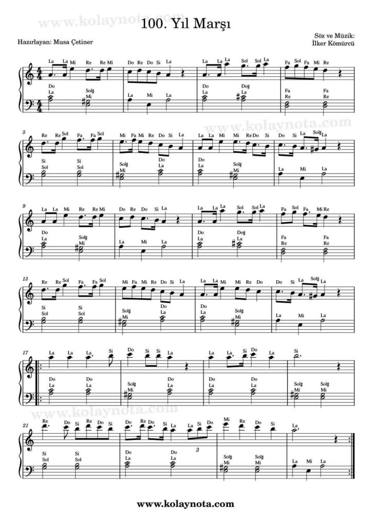 Cumhuriyet 100. Yıl Marşı - Piyano Nota