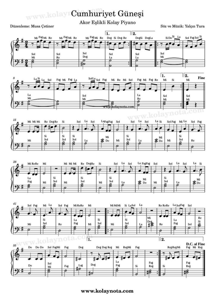 Cumhuriyet Güneşi - Piyano Notası