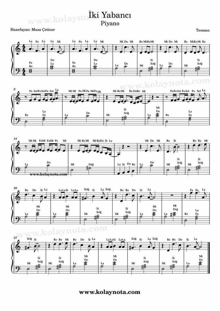 İki Yabancı - Piyano Notası