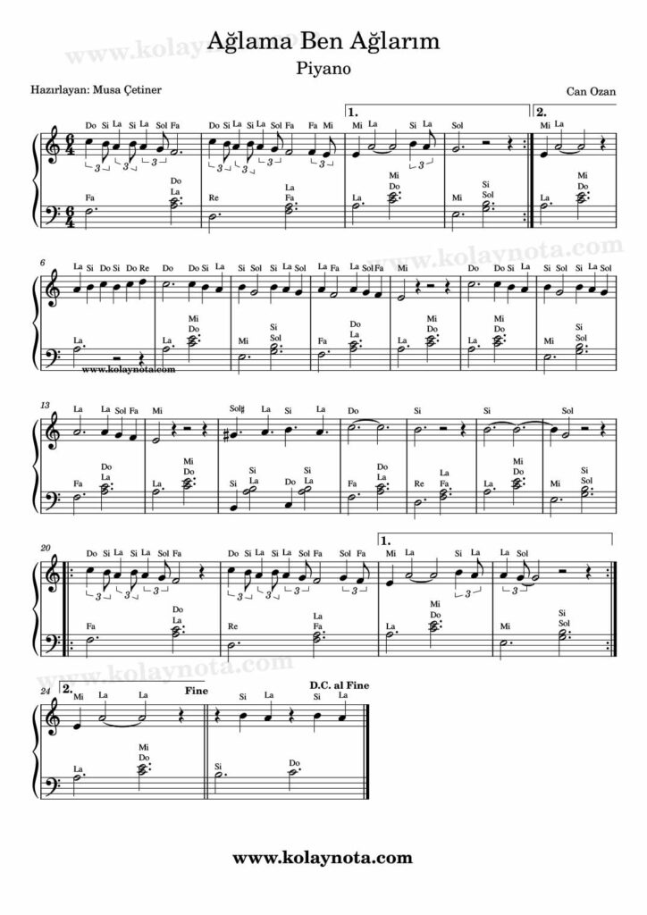 Ağlama Ben Ağlarım - Piyano Notası