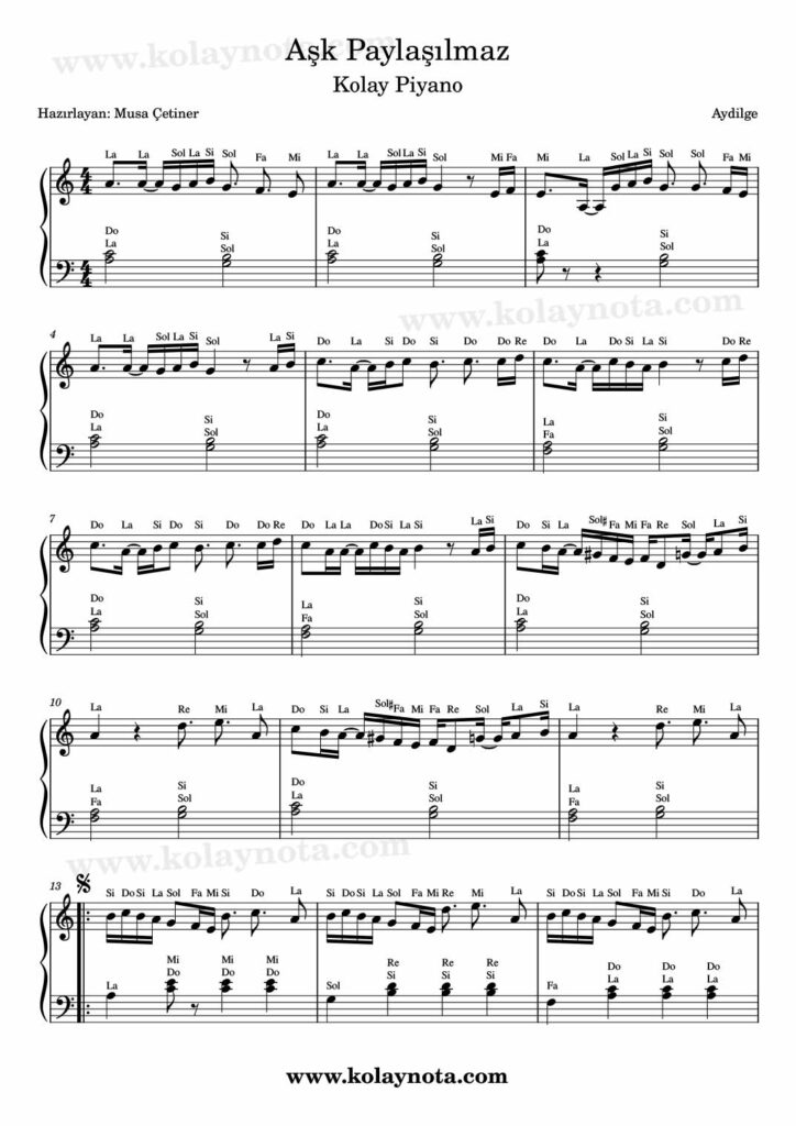 Aşk Paylaşılmaz - Piyano Notası