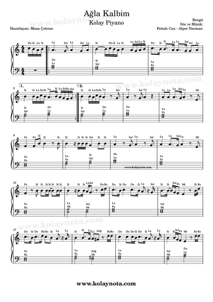 Ağla Kalbim - Piyano Notası