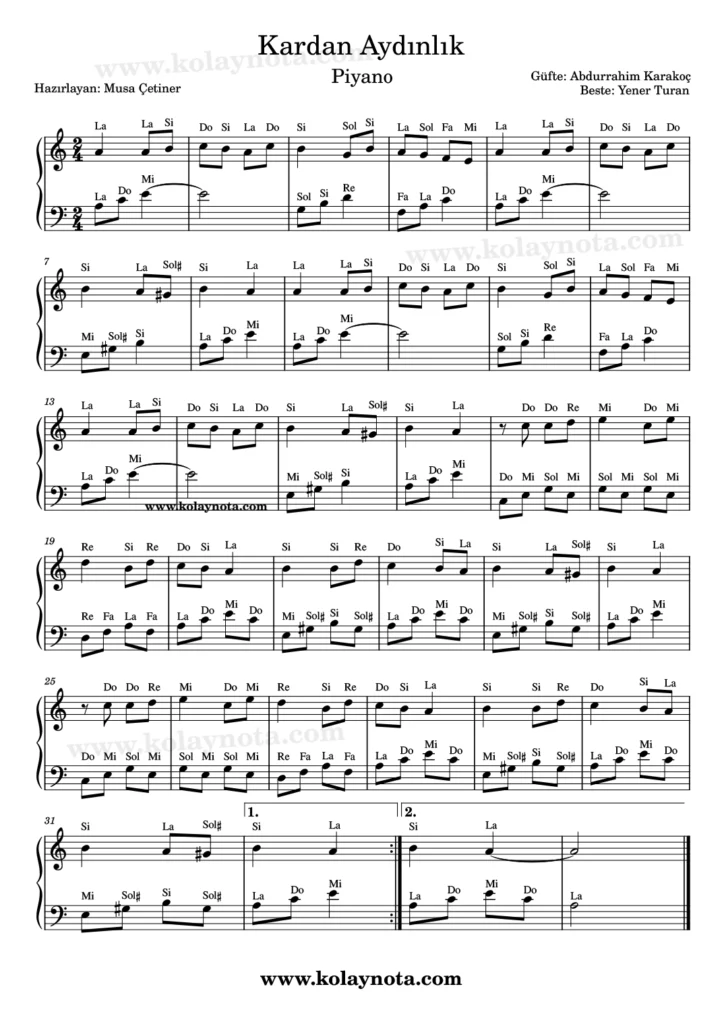 Kardan Aydınlık - Piyano Notası