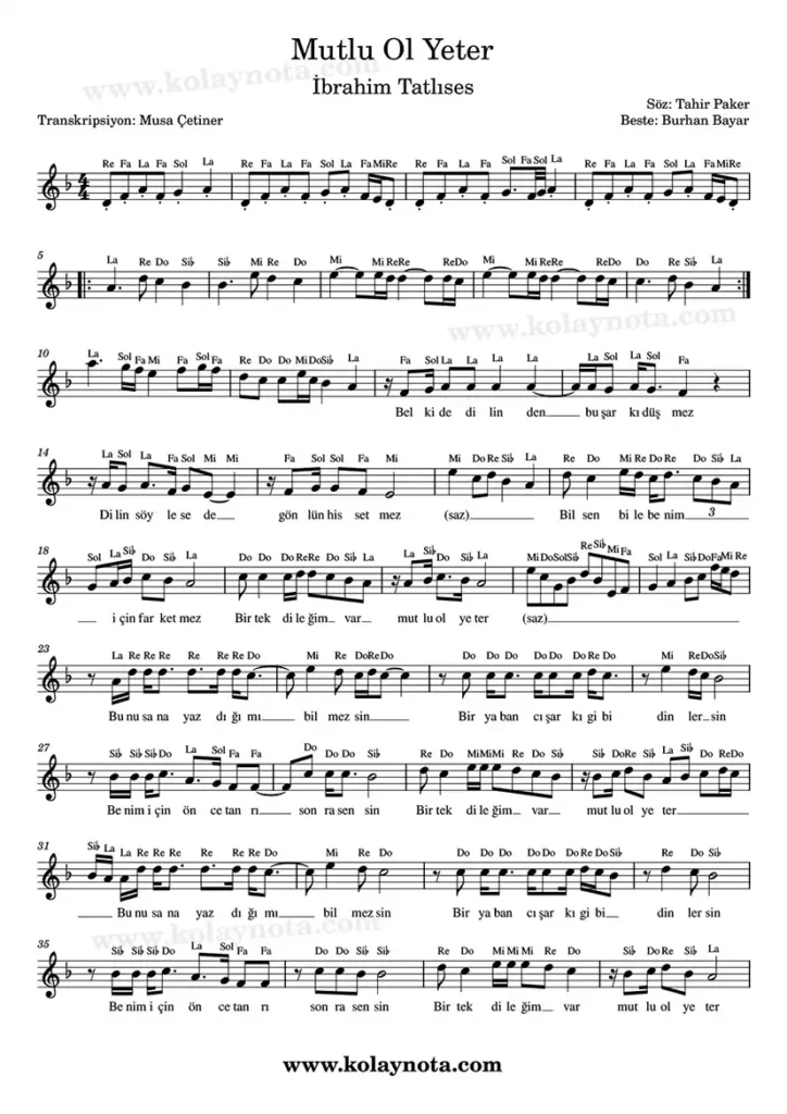 Mutlu Ol Yeter - Nota