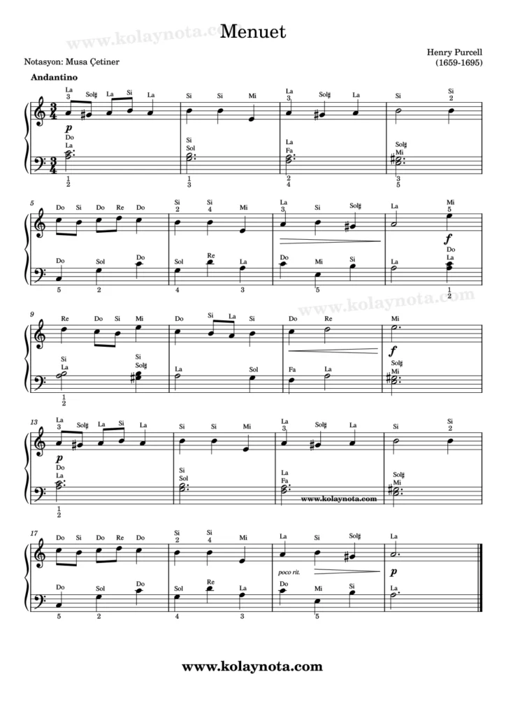 Purcell - Menuet - Kolay Nota