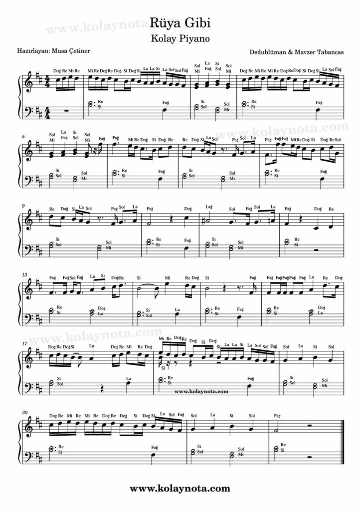 Rüya Gibi - Piyano Notası