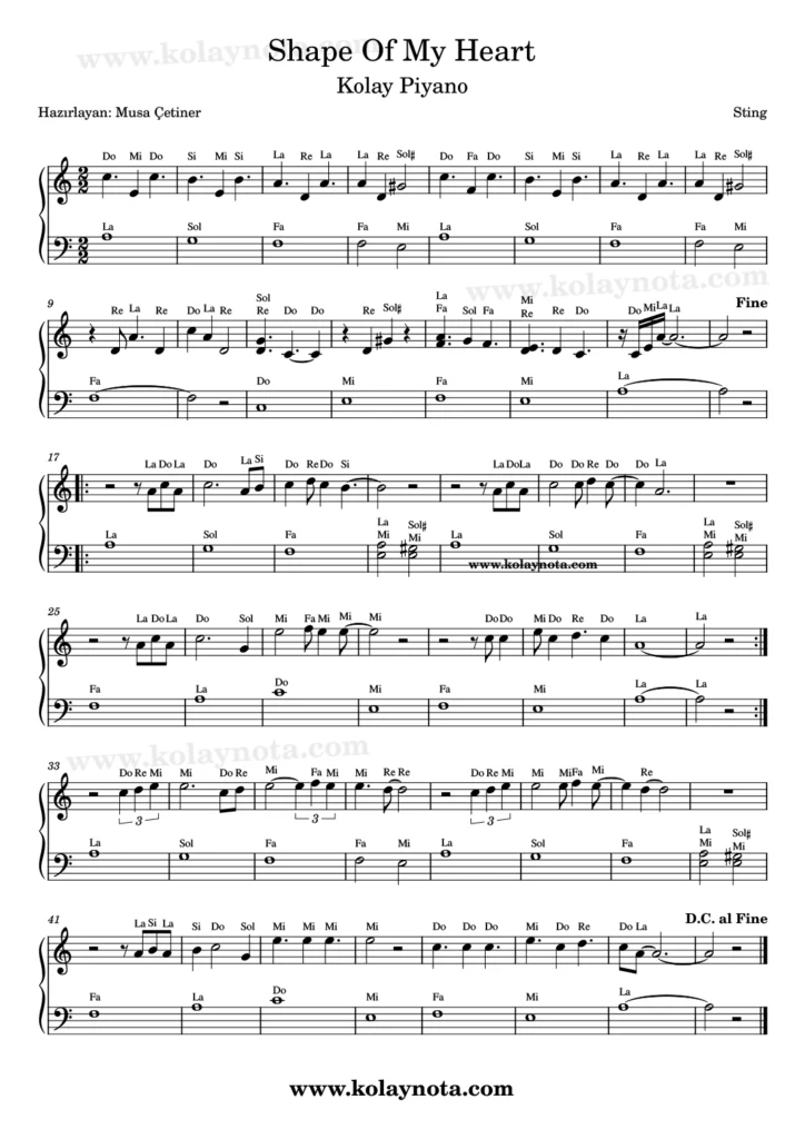 Shape of My Heart - Piyano Notası