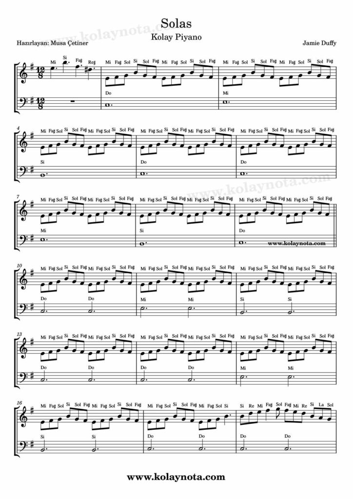 Solas - Kolay Piyano Nota