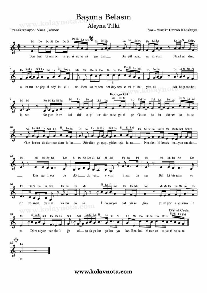 Başıma Belasın - Nota