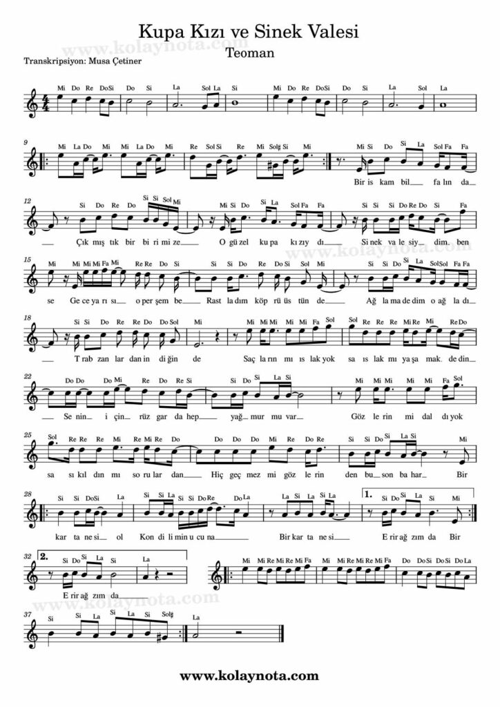 Kupa Kızı ve Sinek Valesi - Nota