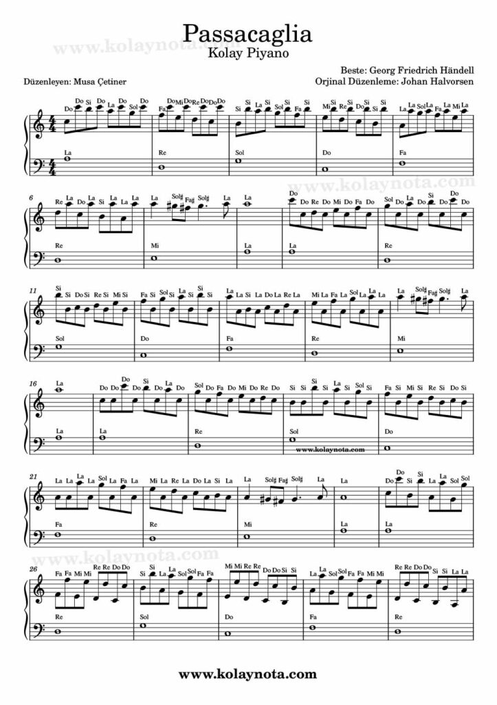 Passacaglia - Piyano Notası