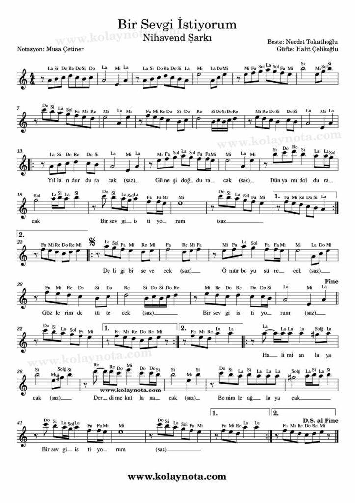 Bir Sevgi İstiyorum - Nota