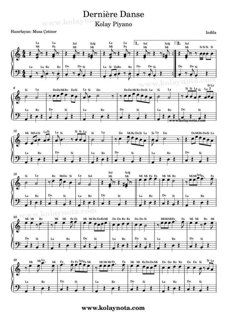 Derniere Danse - Piyano Nota