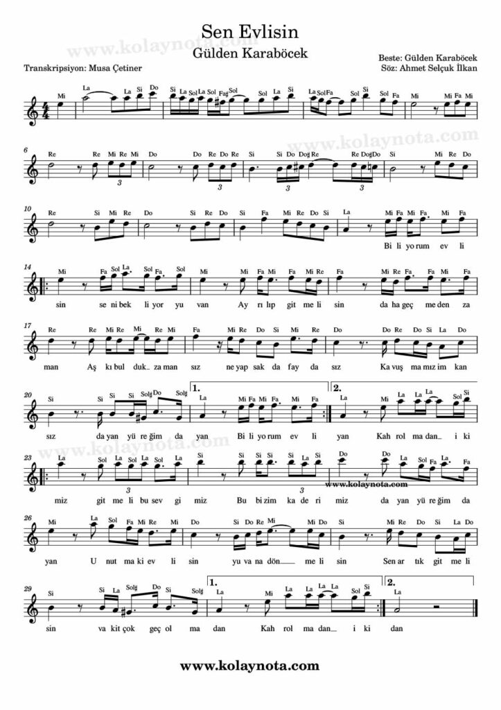 Sen Evlisin - Nota