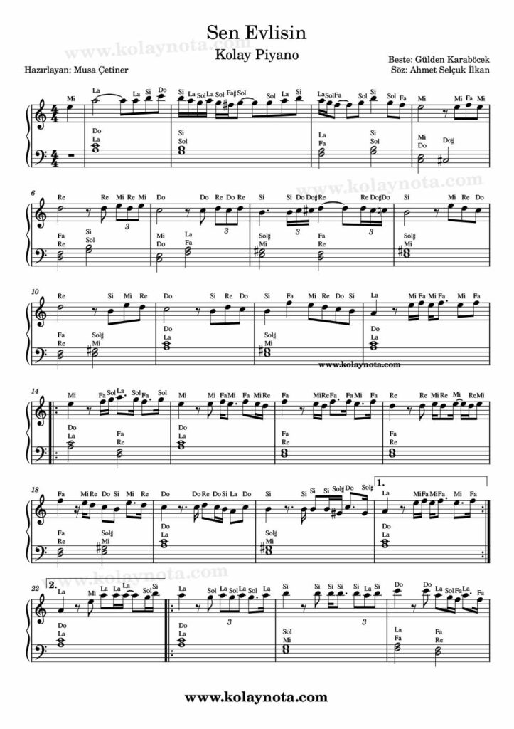 Sen Evlisin - Piyano Nota